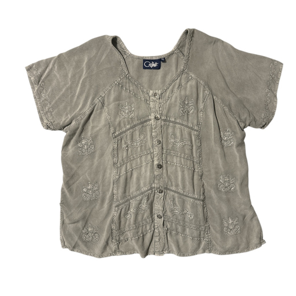 Coline Embroidered Sage Green Blouse Shirt Size 3X New With Tags Tie Back